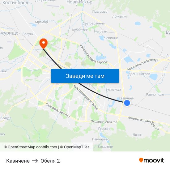 Казичене to Обеля 2 map