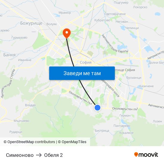 Симеоново to Обеля 2 map