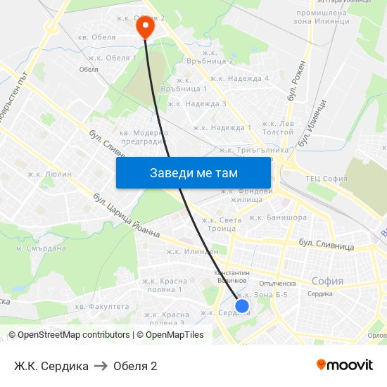Ж.К. Сердика to Обеля 2 map