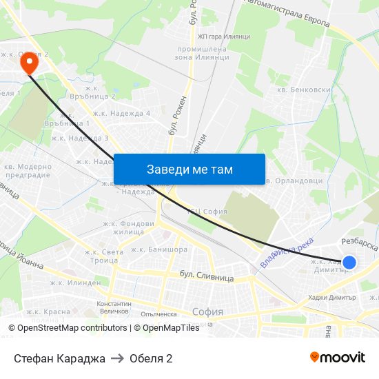 Стефан Караджа to Обеля 2 map