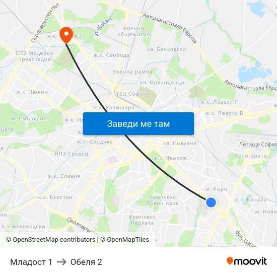 Младост 1 to Обеля 2 map