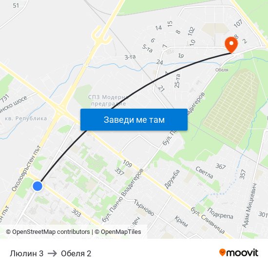 Люлин 3 to Обеля 2 map