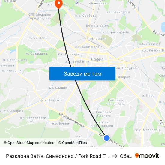 Разклона За Кв. Симеоново / Fork Road To Simeonovo Qr. (1458) to Обеля 2 map