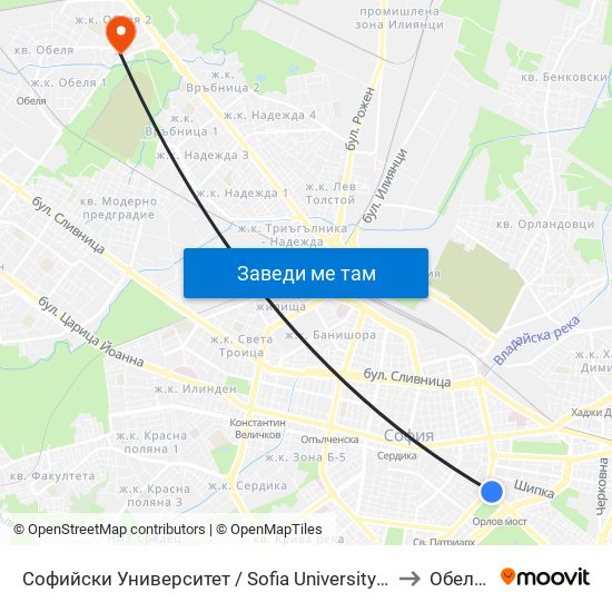 Софийски Университет / Sofia University (1700) to Обеля 2 map