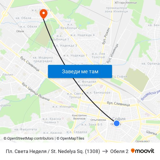 Пл. Света Неделя / St. Nedelya Sq. (1308) to Обеля 2 map