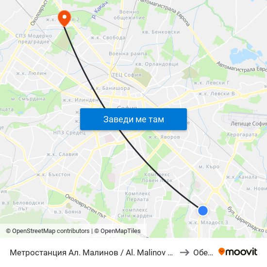 Метростанция Ал. Малинов / Al. Malinov Metro Station (0169) to Обеля 2 map