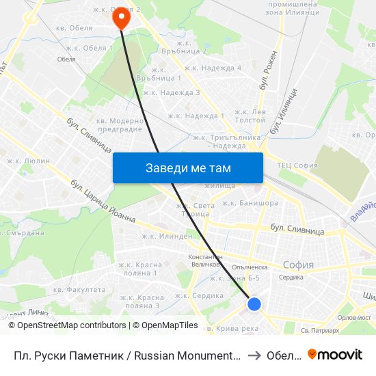 Пл. Руски Паметник / Russian Monument Sq. (1296) to Обеля 2 map