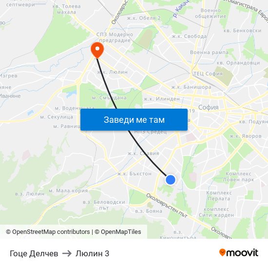 Гоце Делчев to Люлин 3 map