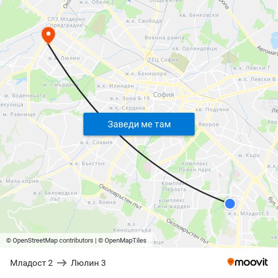 Младост 2 to Люлин 3 map