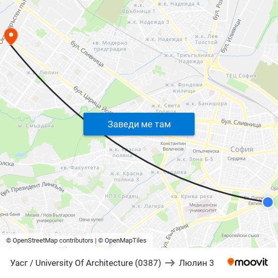 Уасг / University Of Architecture (0387) to Люлин 3 map