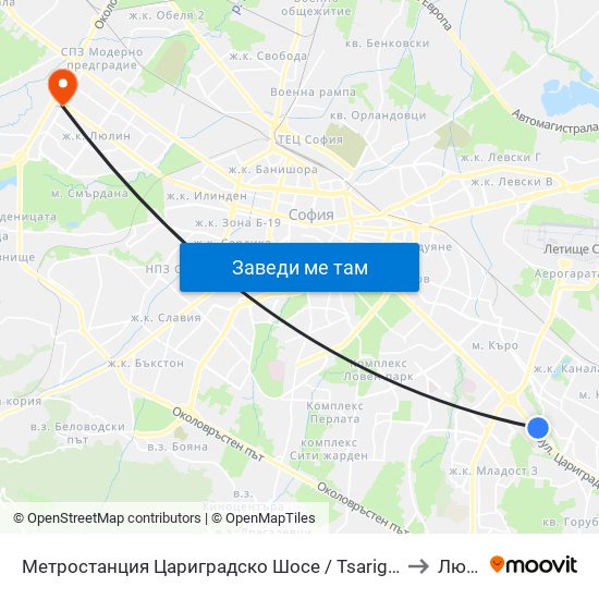 Метростанция Цариградско Шосе / Tsarigradsko Shosse Metro Station (1016) to Люлин 3 map