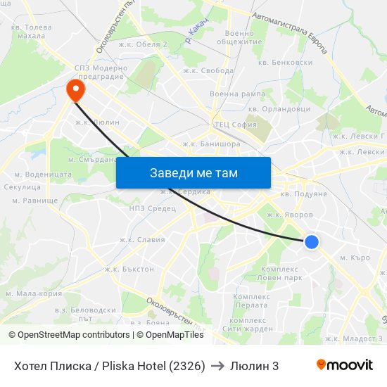 Хотел Плиска / Pliska Hotel (2326) to Люлин 3 map
