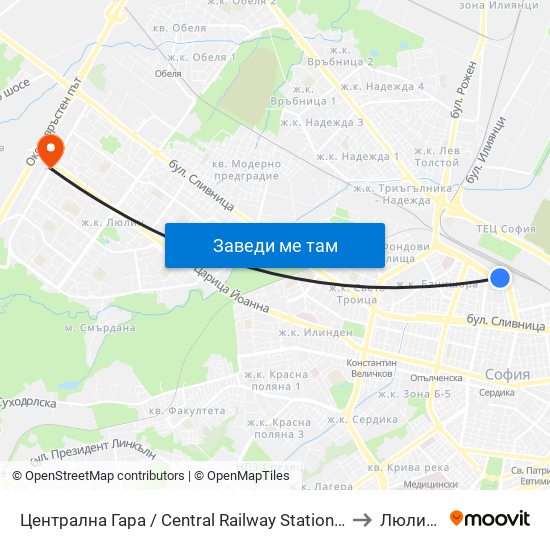 Централна Гара / Central Railway Station (1327) to Люлин 3 map