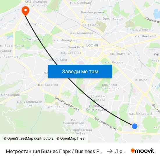 Метростанция Бизнес Парк / Business Park Metro Station (2490) to Люлин 3 map