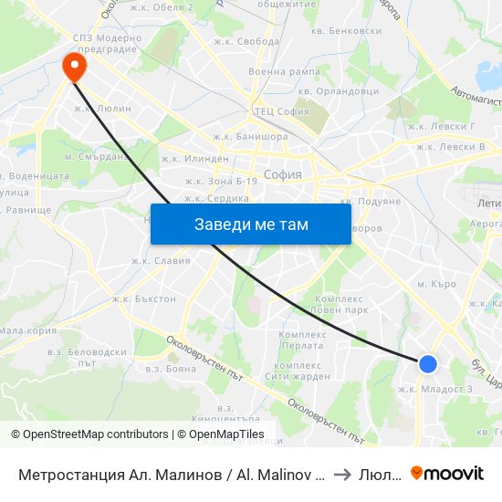 Метростанция Ал. Малинов / Al. Malinov Metro Station (0170) to Люлин 3 map