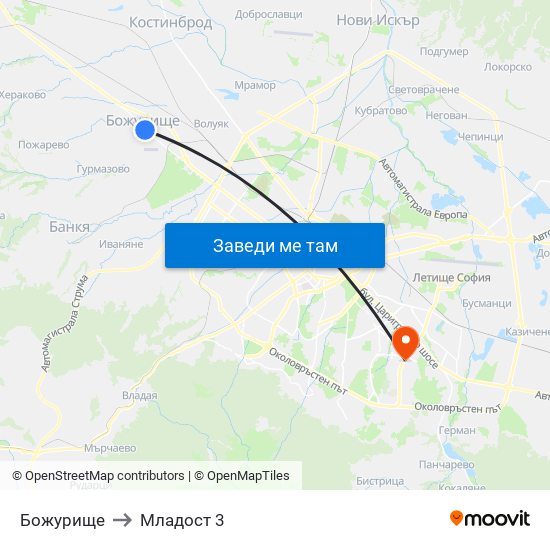 Божурище to Младост 3 map