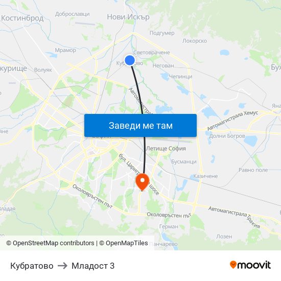 Кубратово to Младост 3 map