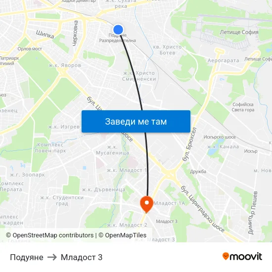 Подуяне to Младост 3 map