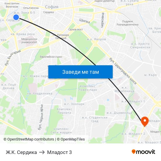 Ж.К. Сердика to Младост 3 map