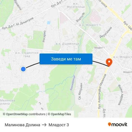 Малинова Долина to Младост 3 map