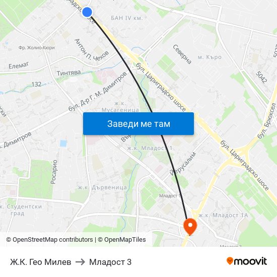 Ж.К. Гео Милев to Младост 3 map
