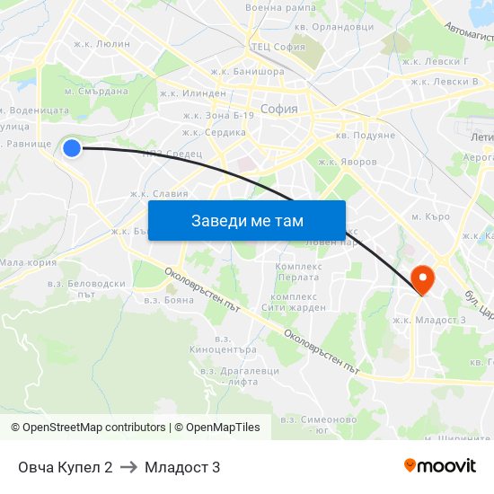 Овча Купел 2 to Младост 3 map
