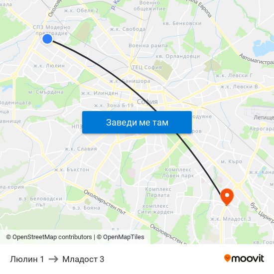 Люлин 1 to Младост 3 map