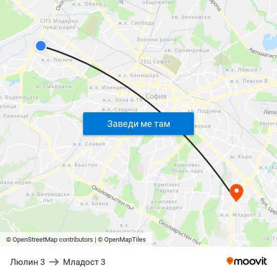 Люлин 3 to Младост 3 map