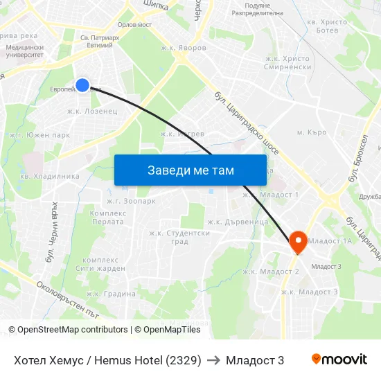 Ⓜ️ Хотел Хемус / Hemus Hotel (2329) to Младост 3 map