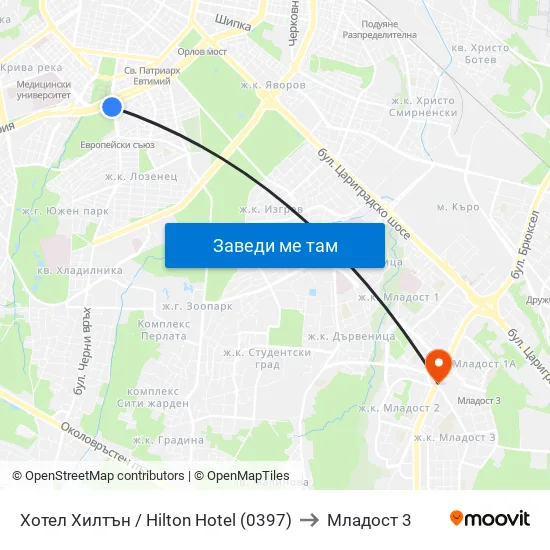 Хотел Хилтън / Hilton Hotel (0397) to Младост 3 map