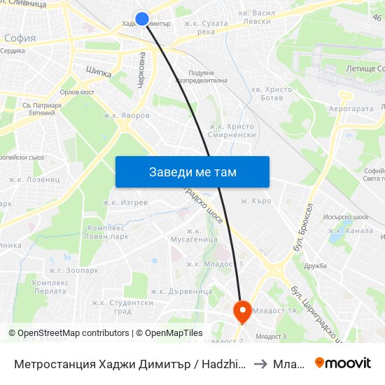 Метростанция Хаджи Димитър / Hadzhi Dimitar Metro Station (0303) to Младост 3 map