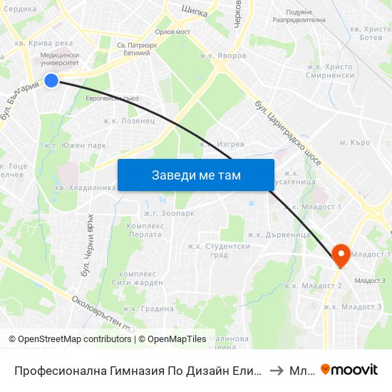 Професионална Гимназия По Дизайн Елисавета Вазова / Elisaveta Vazova High School Of Design (1736) to Младост 3 map