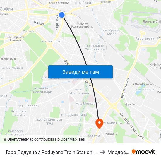 Гара Подуяне / Poduyane Train Station (0468) to Младост 3 map