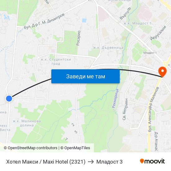 Хотел Макси / Maxi Hotel (2321) to Младост 3 map