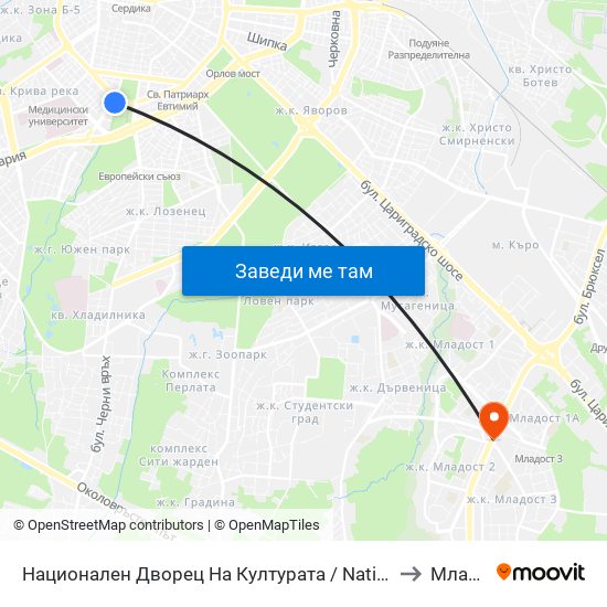 Национален Дворец На Културата / National Palace Of Culture (1134) to Младост 3 map