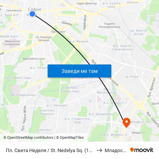 Пл. Света Неделя / St. Nedelya Sq. (1308) to Младост 3 map