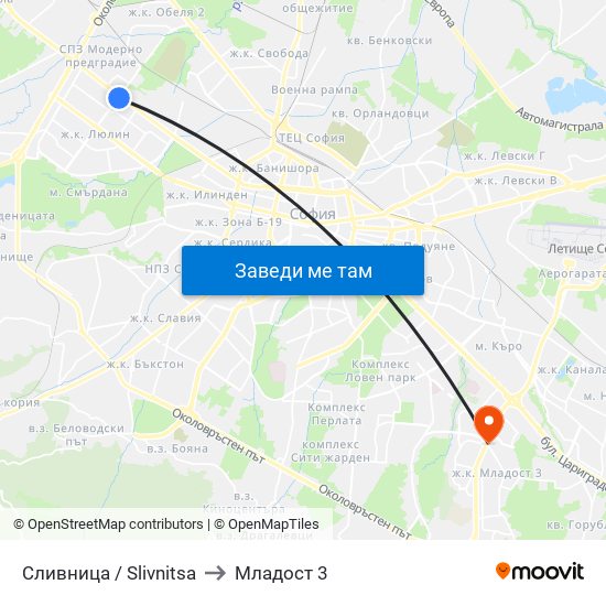 Сливница / Slivnitsa to Младост 3 map