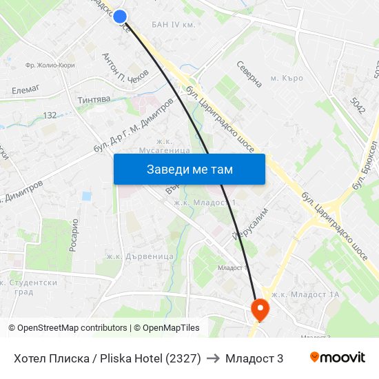 Хотел Плиска / Pliska Hotel (2327) to Младост 3 map
