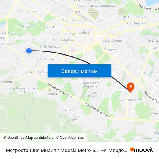 Метростанция Мизия / Moesia Metro Station (6089) to Младост 3 map
