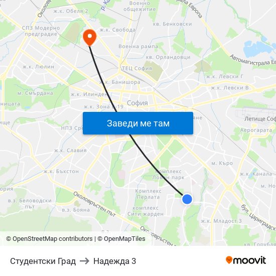 Студентски Град to Надежда 3 map