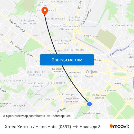 Хотел Хилтън / Hilton Hotel (0397) to Надежда 3 map