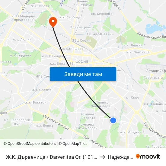 Ж.К. Дървеница / Darvenitsa Qr. (1012) to Надежда 3 map