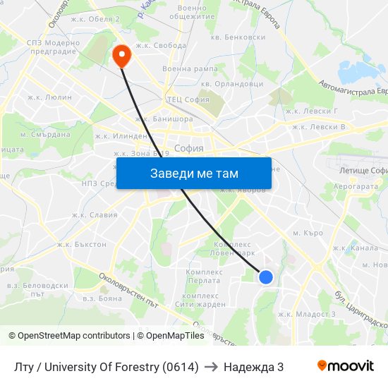 Лту / University Of Forestry (0614) to Надежда 3 map