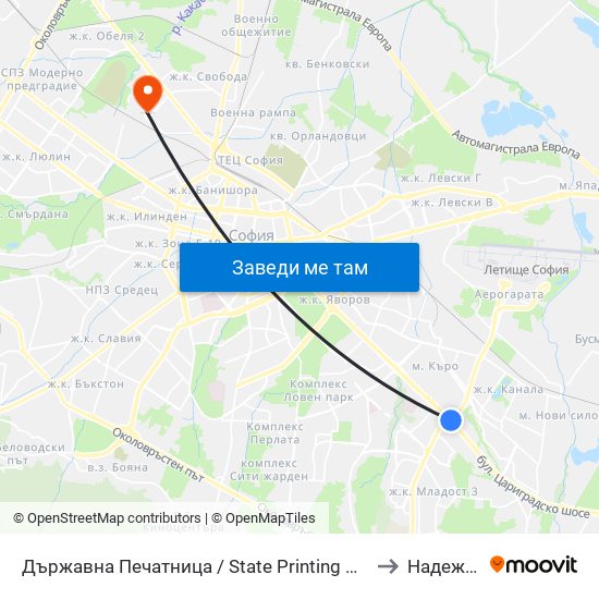Държавна Печатница / State Printing House (0555) to Надежда 3 map
