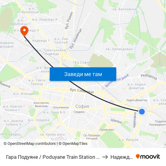 Гара Подуяне / Poduyane Train Station (0466) to Надежда 3 map