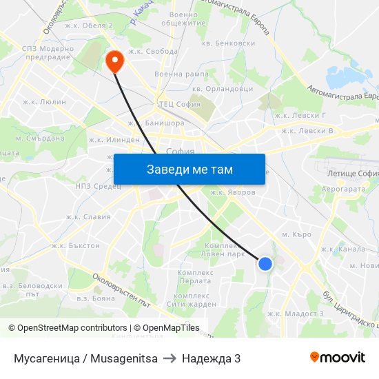 Мусагеница /  Musagenitsa to Надежда 3 map