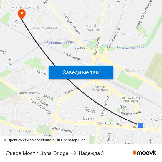 Лъвов Мост / Lions' Bridge to Надежда 3 map