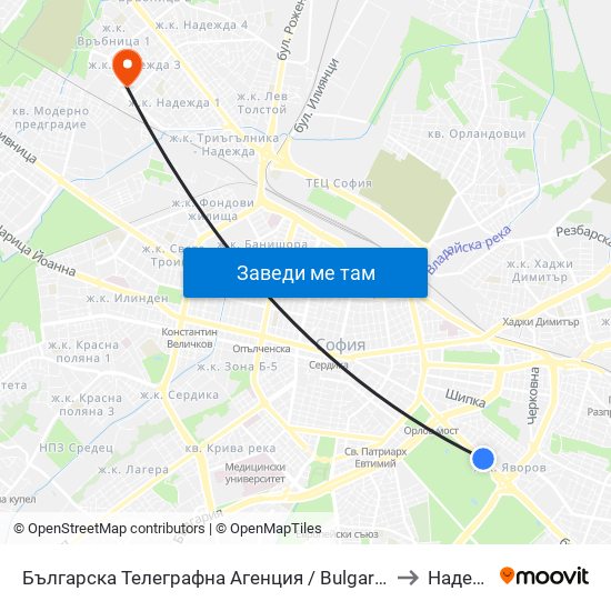 Българска Телеграфна Агенция / Bulgarian News Agency (1395) to Надежда 3 map