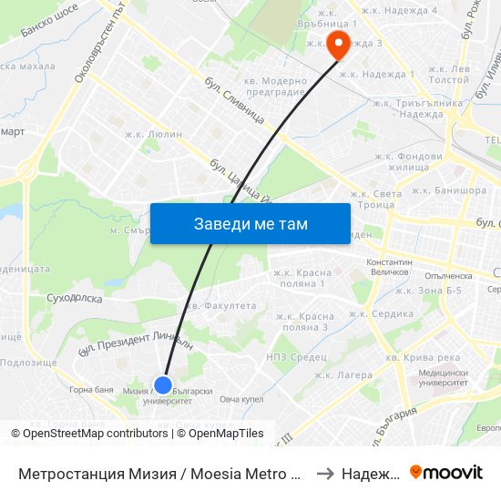 Метростанция Мизия / Moesia Metro Station (6089) to Надежда 3 map