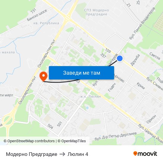 Модерно Предградие to Люлин 4 map